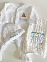 Load image into Gallery viewer, PREORDER - Paty White w/ Blue Trim Footie
