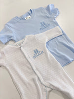 Load image into Gallery viewer, PREORDER - Paty White w/ Blue Trim Footie
