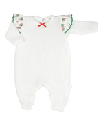 Load image into Gallery viewer, Paty Knit Angel Sleeve Romper with Swiss Candy Cane Trim - 9mo
