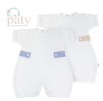 Load image into Gallery viewer, S/S Paty Romper with Blue Gingham Side Tabs - 18mo
